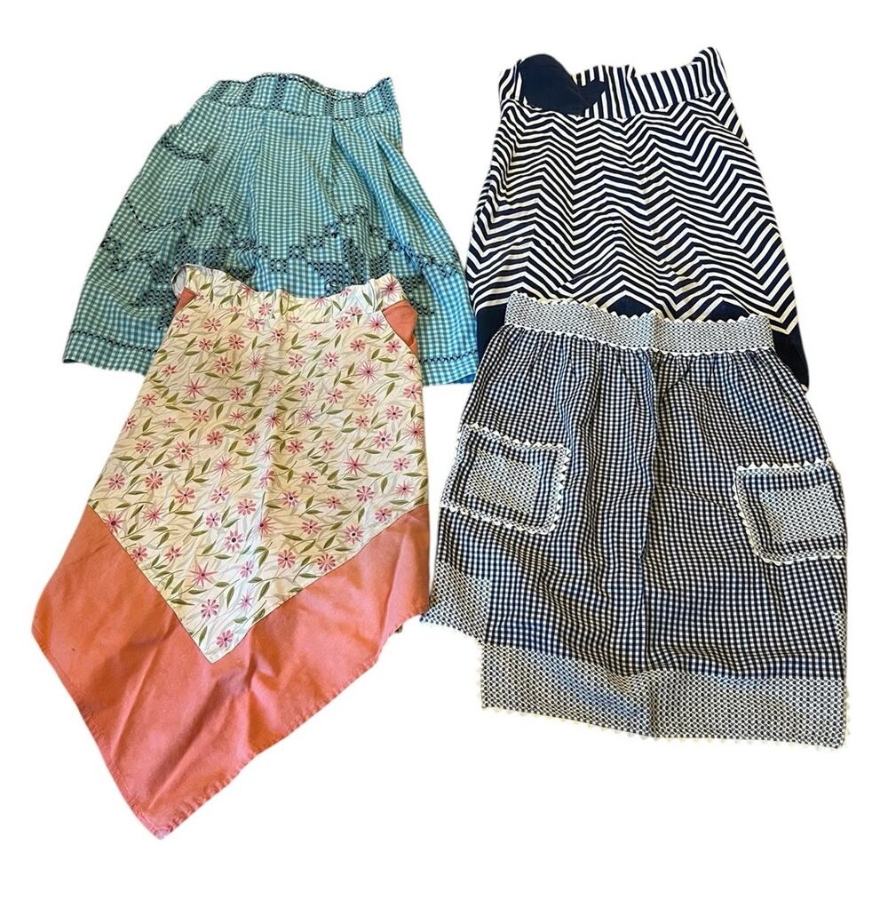 Lot of 4 Vintage Half Aprons Flowers. Embroidered. Stripes Homemade Cute!